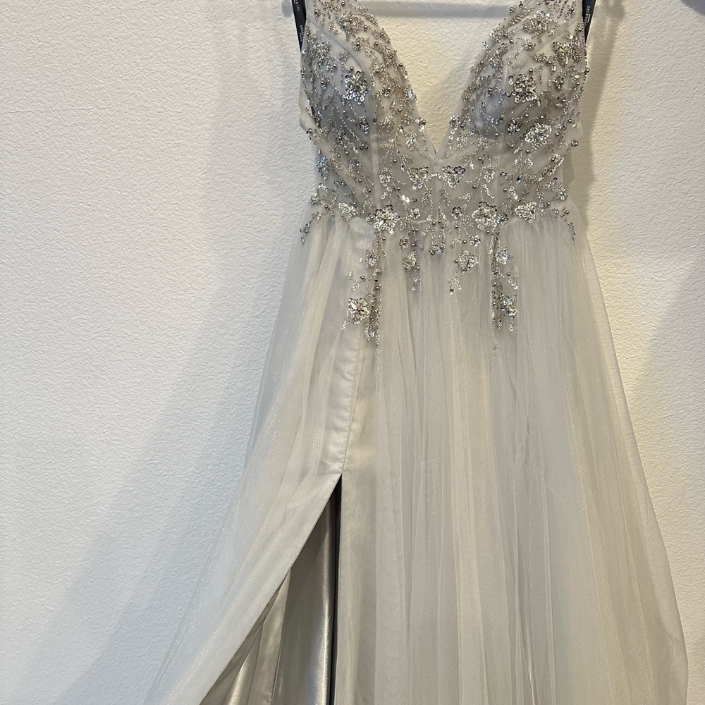 Elegant Silver Embellished Evening Gown - Picture 7 of 16
